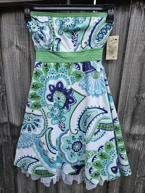 Sequin Hearts Strapless Paisley Dress in Green, Teal & Navy